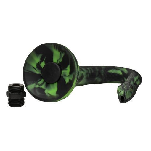 Green and black snake-shaped hose with a nozzle attachment