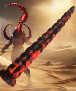 A fierce demon with red skin and large scorpion-like tails stands in a desert landscape, wielding a large weapon.
