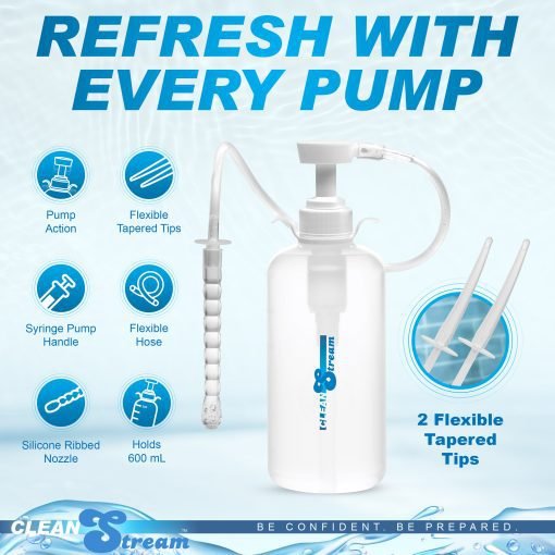 Clean Stream pump bottle with flexible tapered tips and features