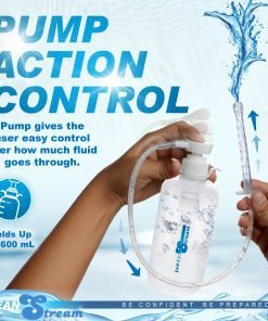 Hands demonstrating pump action control on a fluid dispensing bottle with water spray.