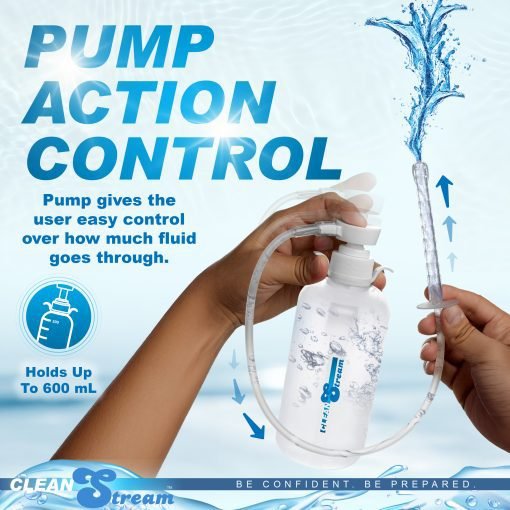 Hands demonstrating pump action control on a fluid dispensing bottle with water spray.