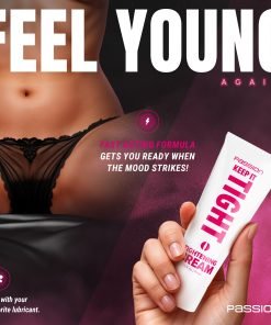 A hand holding a tube of tightening cream in front of a partially visible body wearing black lingerie.