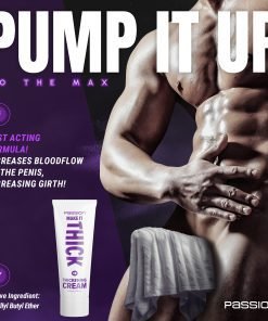 Promotional image for a male enhancement cream featuring a muscular man and product details.
