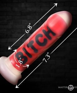 Red and white dildo with bold black lettering