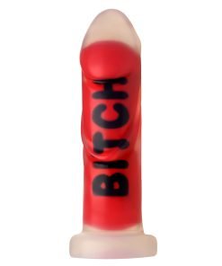 Vibrant red dildo with bold lettering