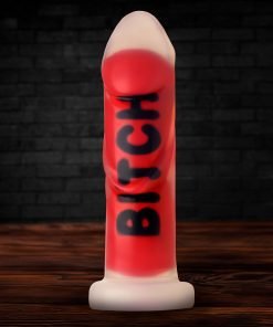 Vibrant red dildo with bold text