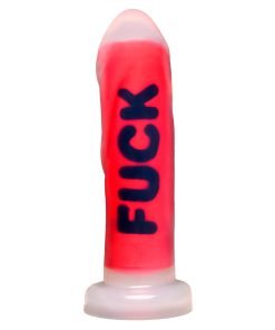 Red dildo with the word 'FUCK' written on it