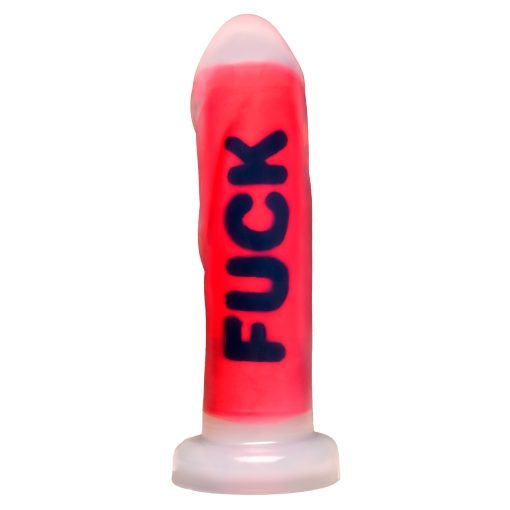 Red dildo with the word 'FUCK' written on it