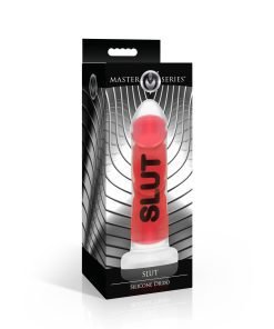 Silicone dildo in packaging with bold text