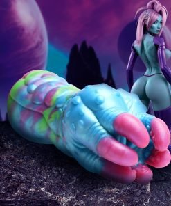 Colorful alien creature with a humanoid figure in a cosmic landscape
