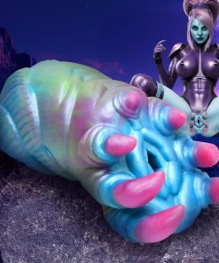 Colorful alien hand sculpture with claws