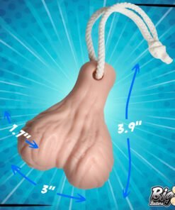 A novelty toy shaped like a pair of testicles, featuring measurements.