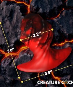 Red creature-shaped item against a black lava-like background with measurement indicators.