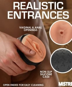Realistic male pleasure device with vaginal and anal openings