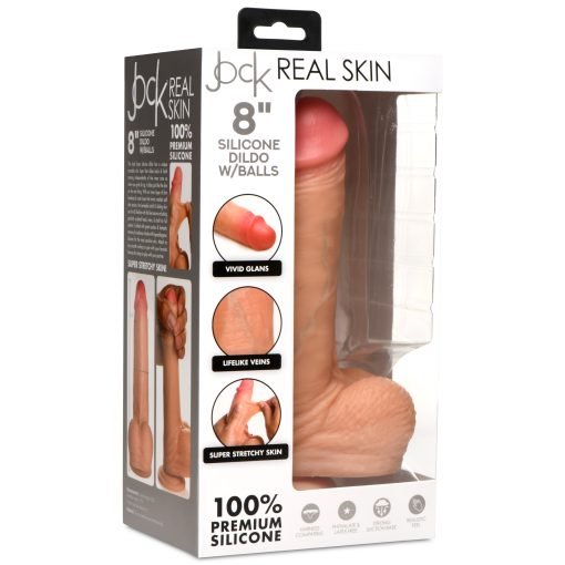 8-inch silicone dildo with realistic features in packaging