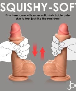 Two realistic-looking male sex toys being held, showcasing their squishy-soft design.