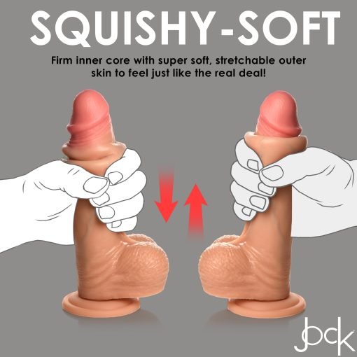 Two realistic-looking male sex toys being held, showcasing their squishy-soft design.