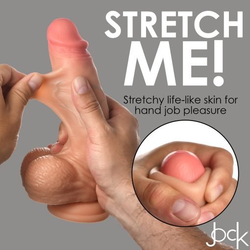 Realistic hand-held pleasure tool with stretchy skin