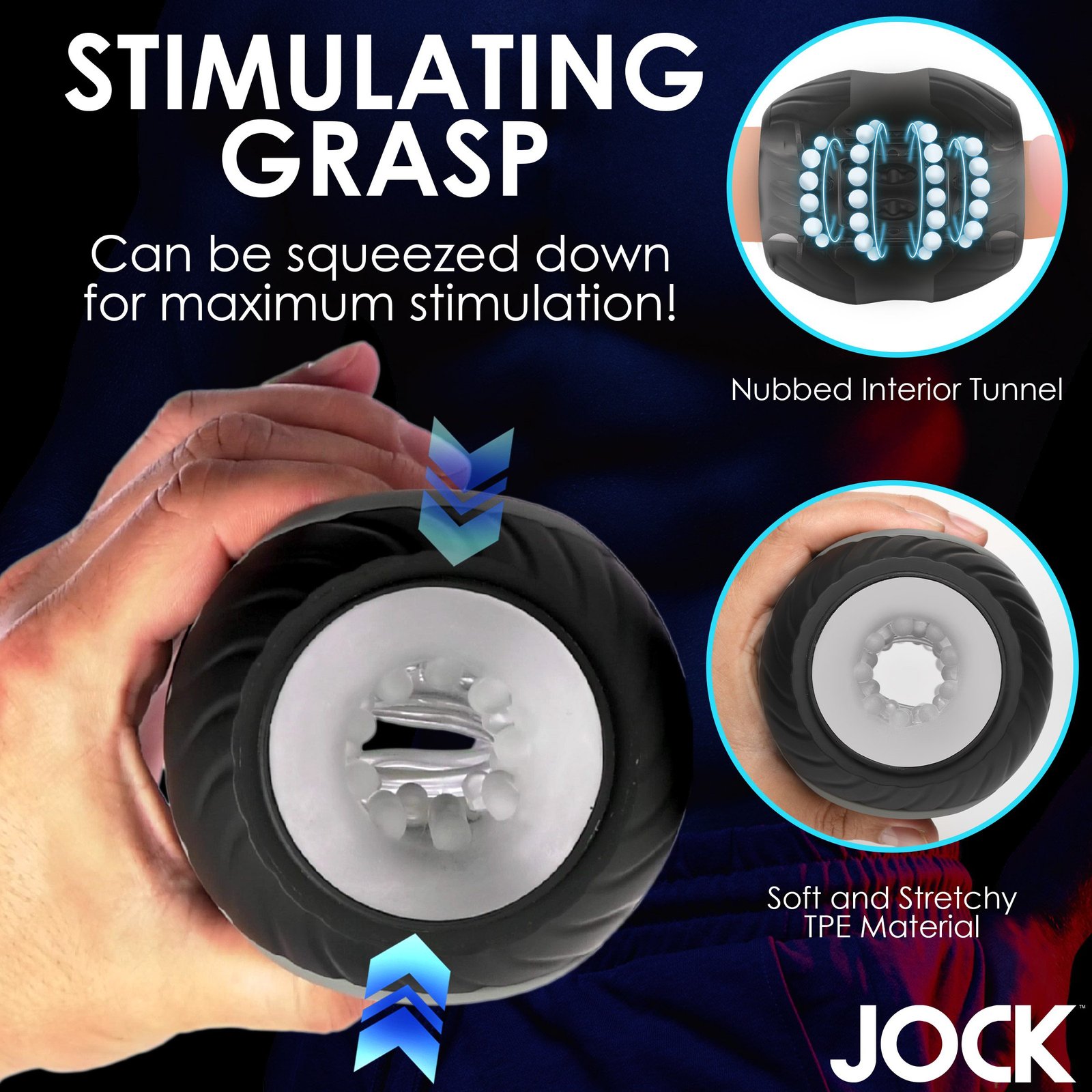 Hand holding a stimulating grasp product with a soft and stretchy TPE material.