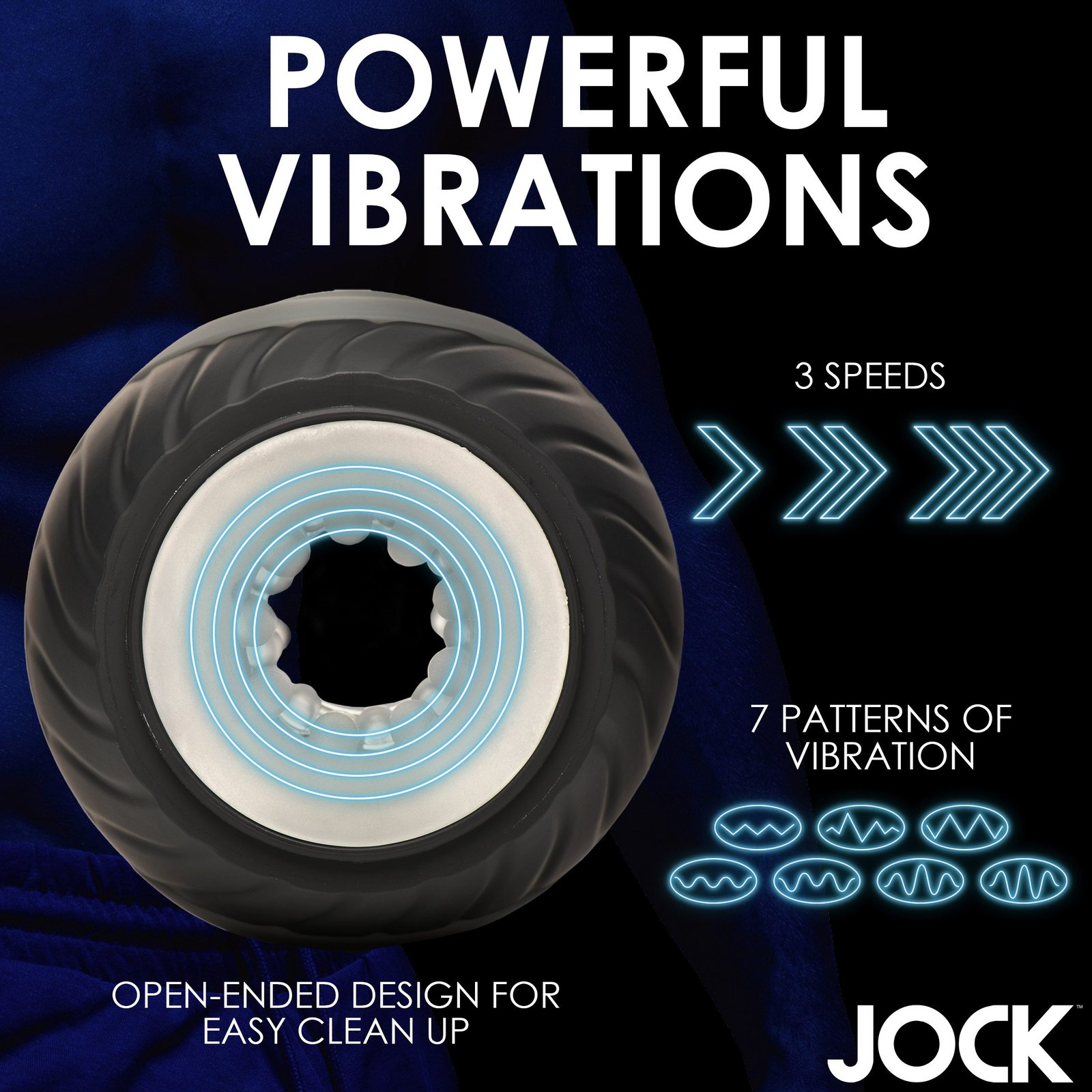 Vibrating device showcasing powerful vibrations, 3 speeds, and 7 patterns of vibration.