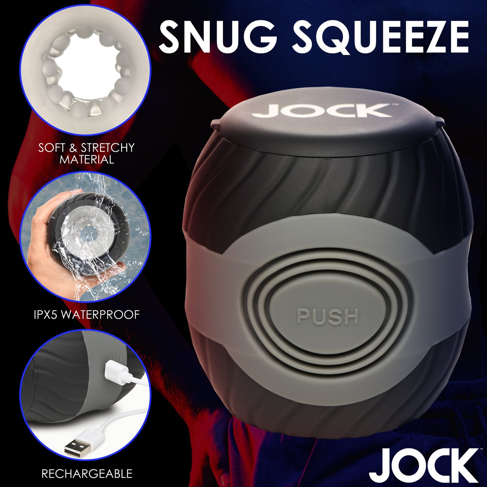 JOCK Snug Squeeze product showcasing its soft material and waterproof features