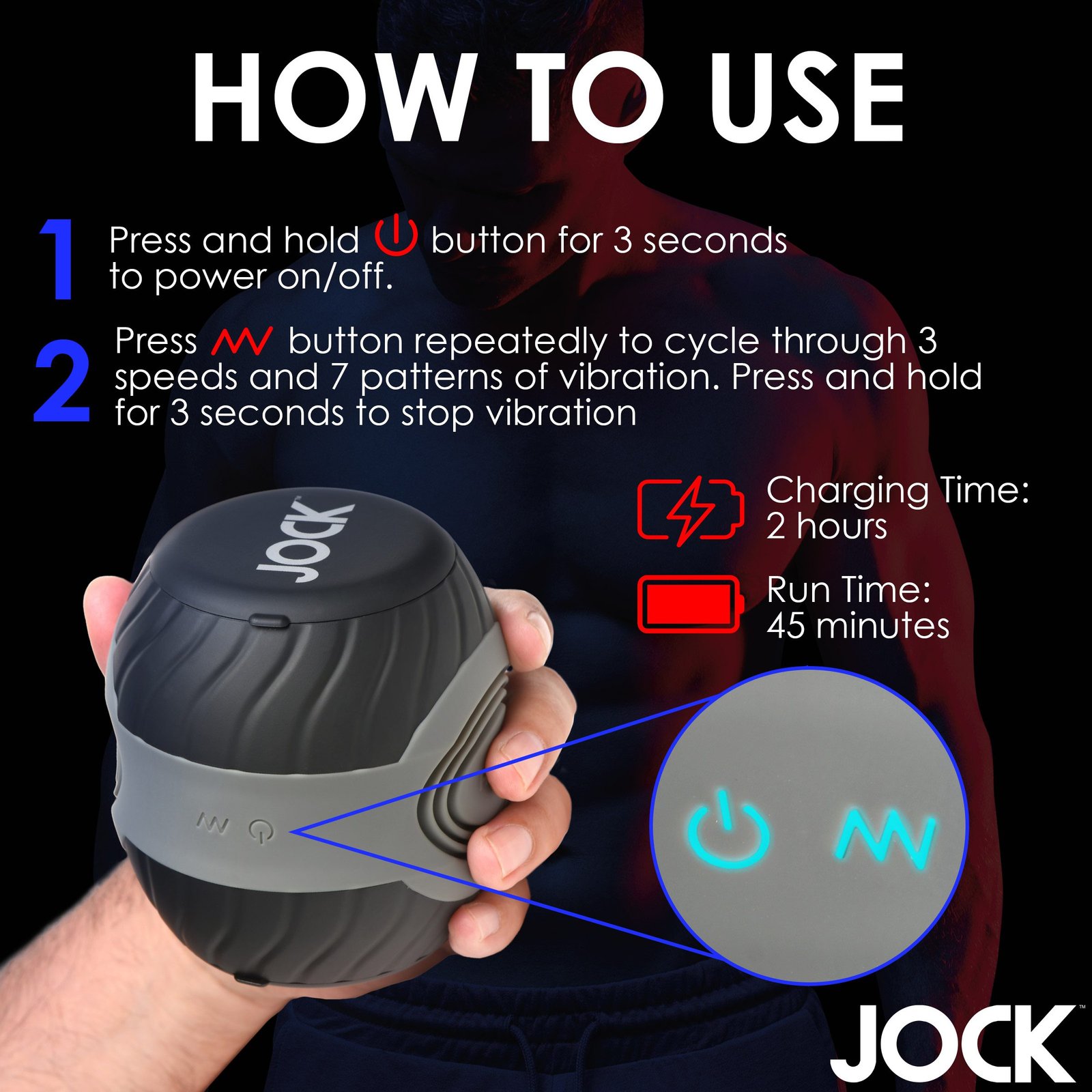 Instructions for using the JOCK device with buttons for power and vibration settings