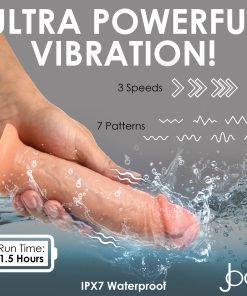A hand holding a waterproof vibrator with water splashes around it.