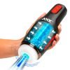 Hand holding a JOCK™ device with glowing blue interior and arrows indicating motion.