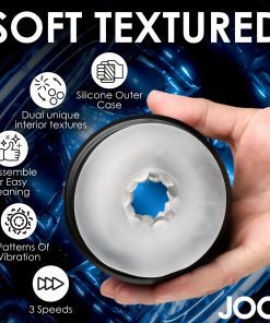 Hand holding a soft textured sex toy with silicone outer case and dual interior textures.