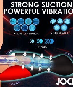 Illustration of a device featuring strong suction and powerful vibration with various modes.