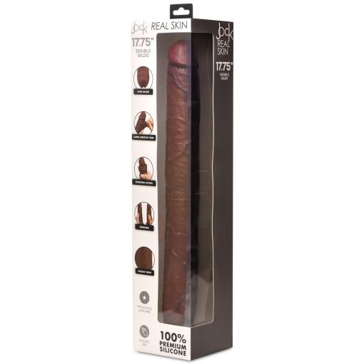 Packaging of a 17.75-inch double dildo made from premium silicone