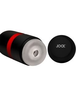 Black and red cylindrical device with a removable cap