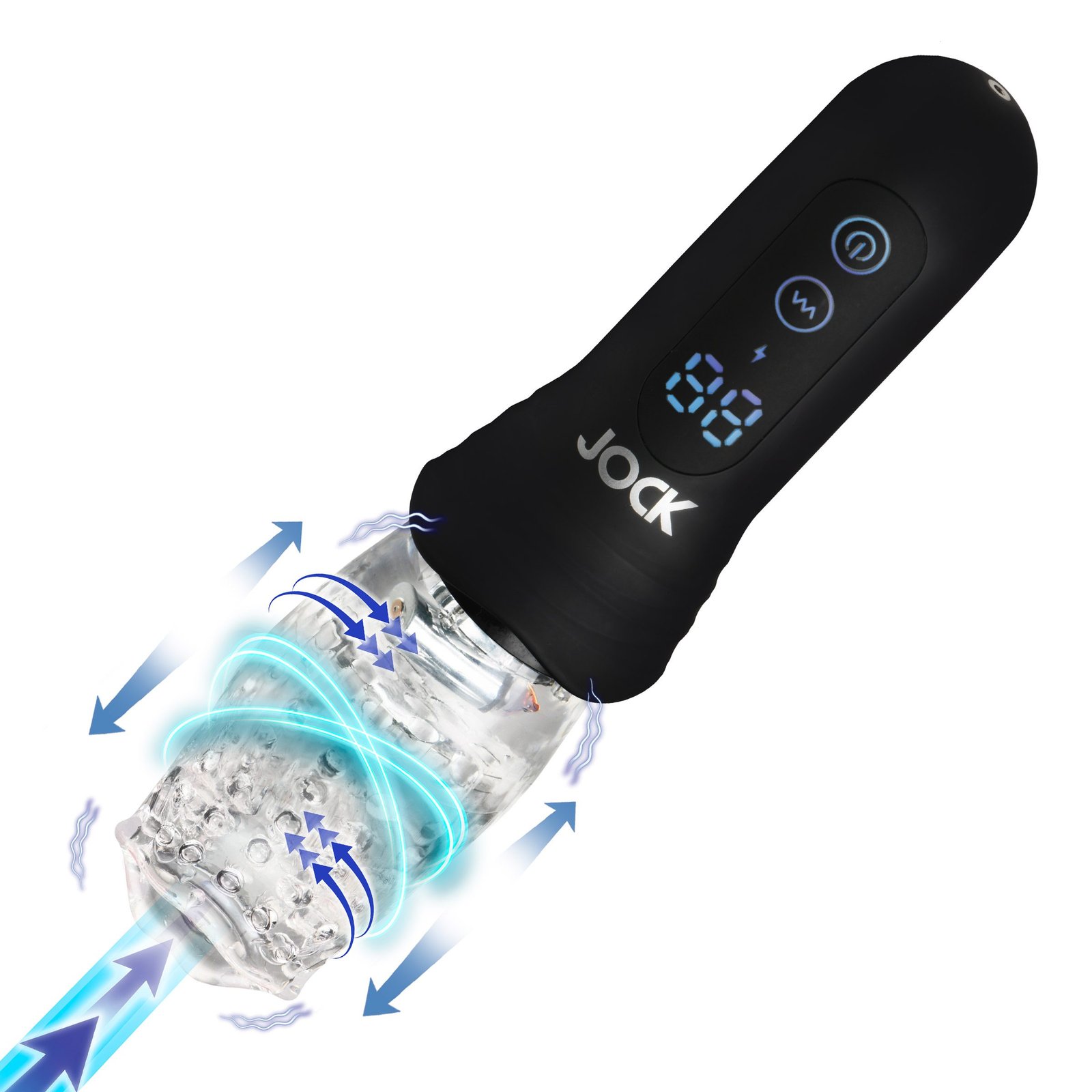 A sleek black device with a transparent section, featuring digital controls and illuminated display.