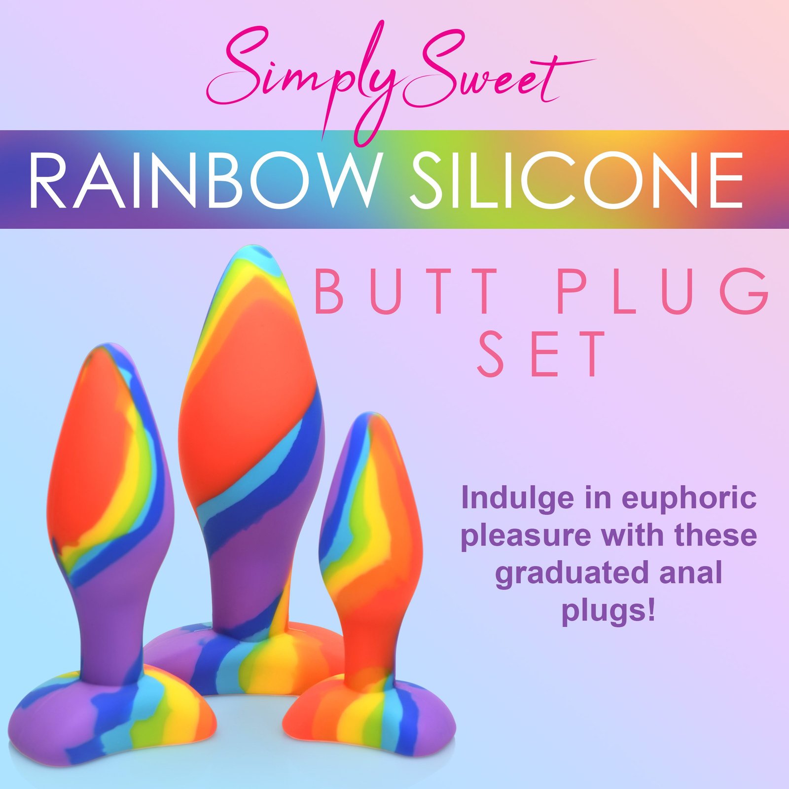 Colorful silicone butt plug set in a rainbow design