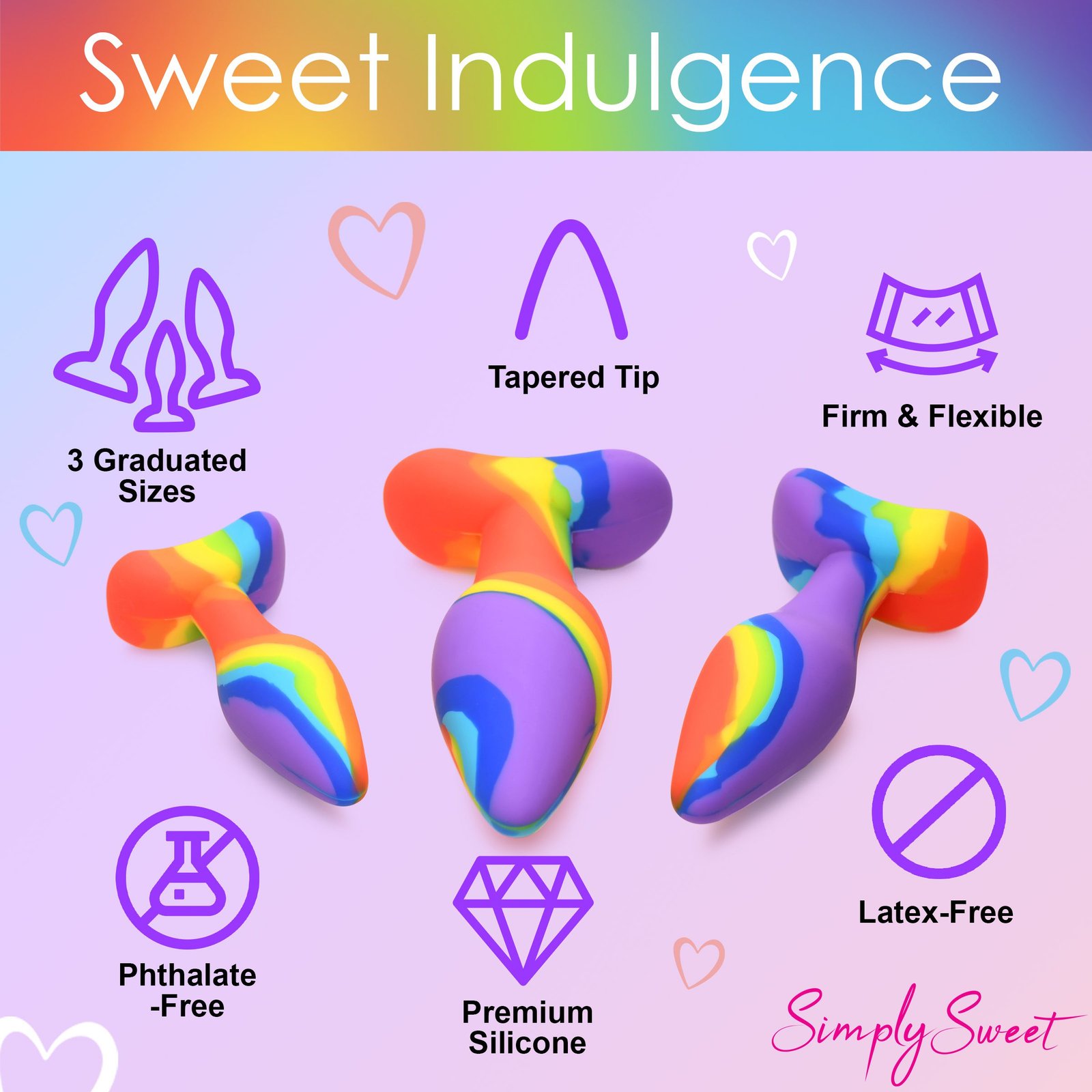 Colorful silicone toys in three graduated sizes, highlighting tapered tip and flexible design