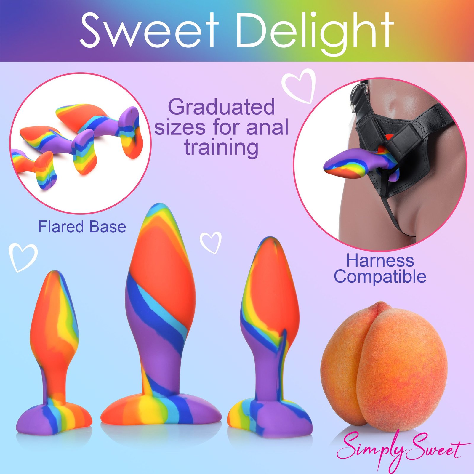 Colorful anal training toys with flared bases and harness compatibility