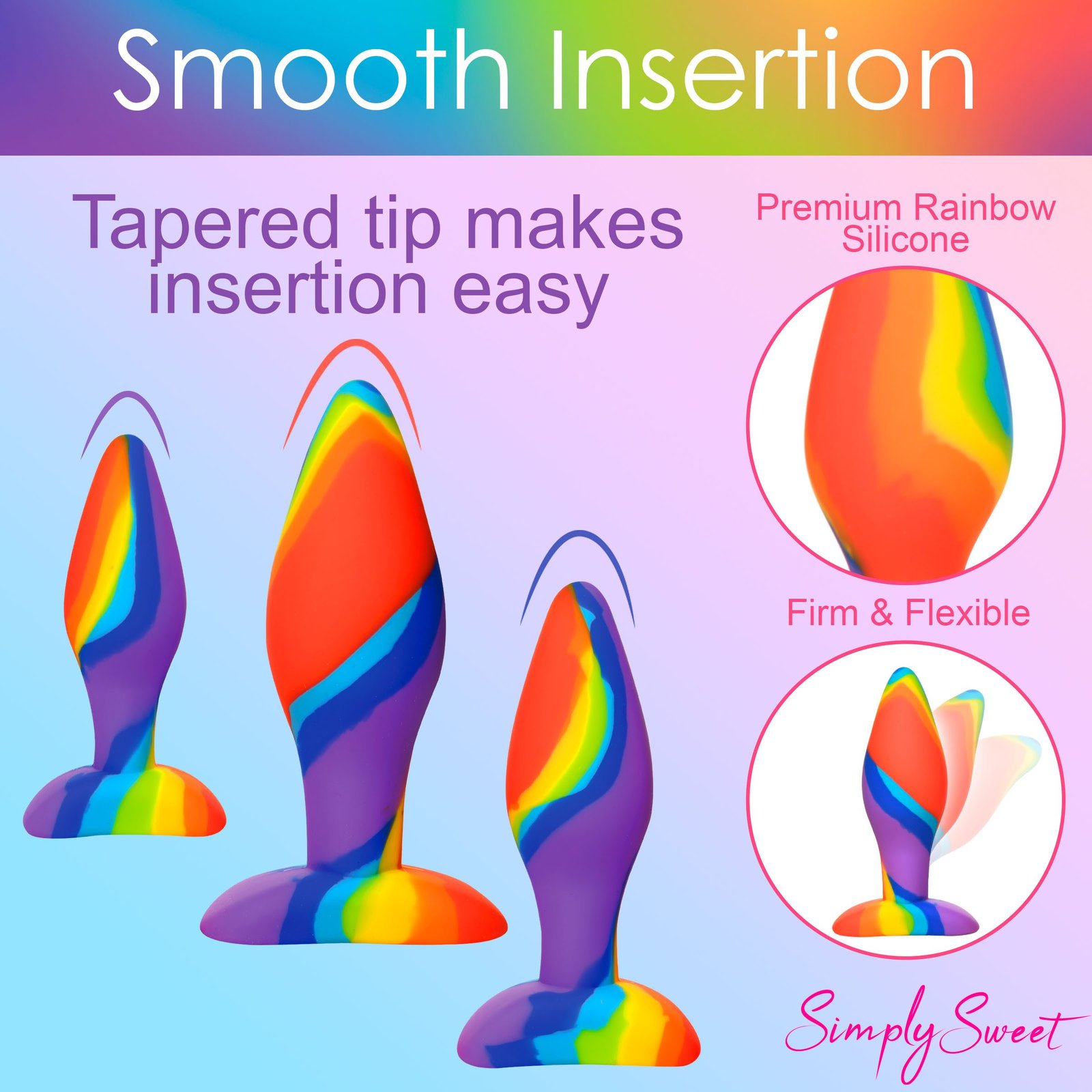 Colorful silicone toys with tapered tips for easy insertion