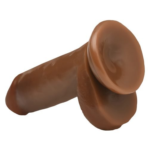 Realistic brown silicone adult toy on a white background