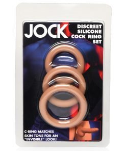JOCK Discreet Silicone Cock Ring Set packaging featuring three skin-tone rings