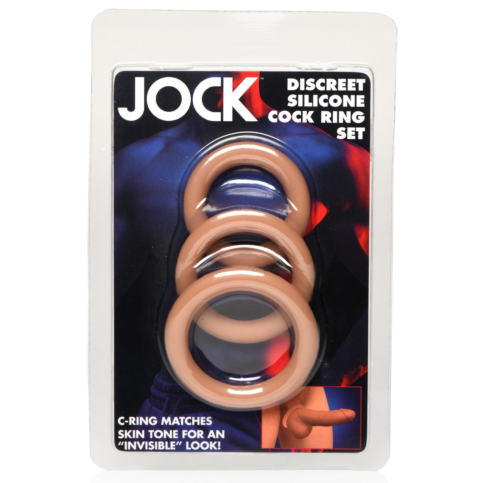 JOCK Discreet Silicone Cock Ring Set packaging featuring three skin-tone rings