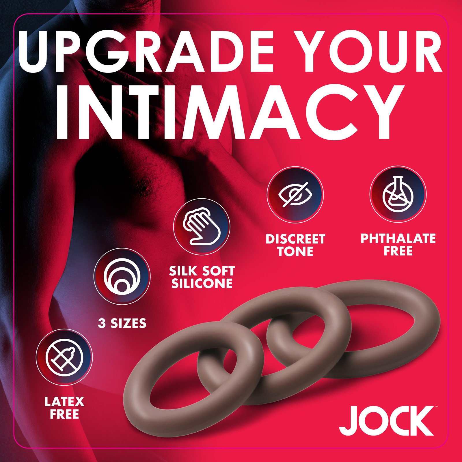 Promotional image for JOCK intimate products featuring silicone rings