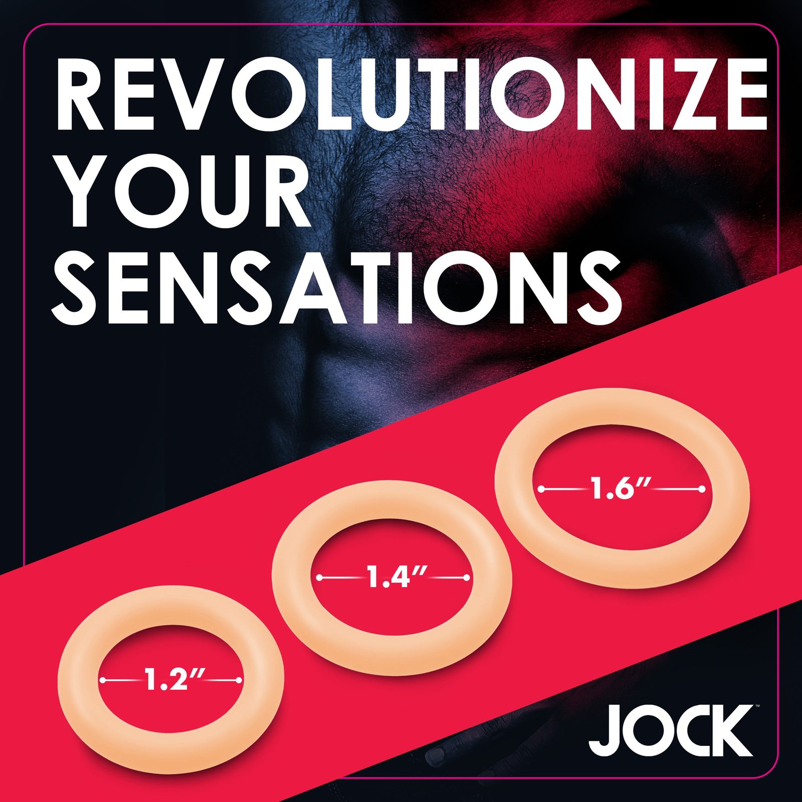 Promotional image for JOCK products featuring sensation rings in different sizes.