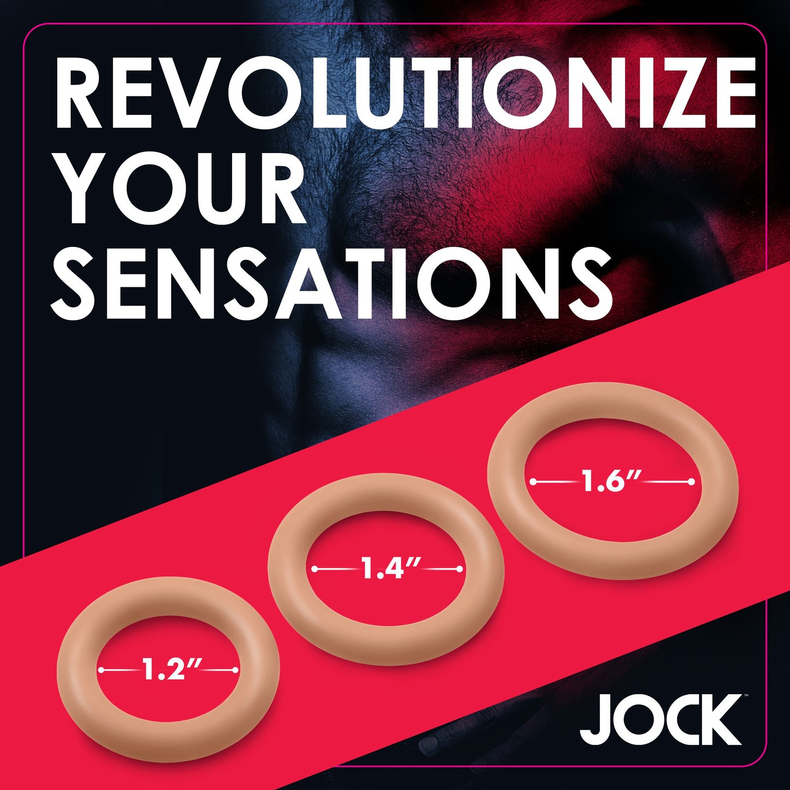 Three differently sized sensation rings from JOCK displayed on a vibrant background