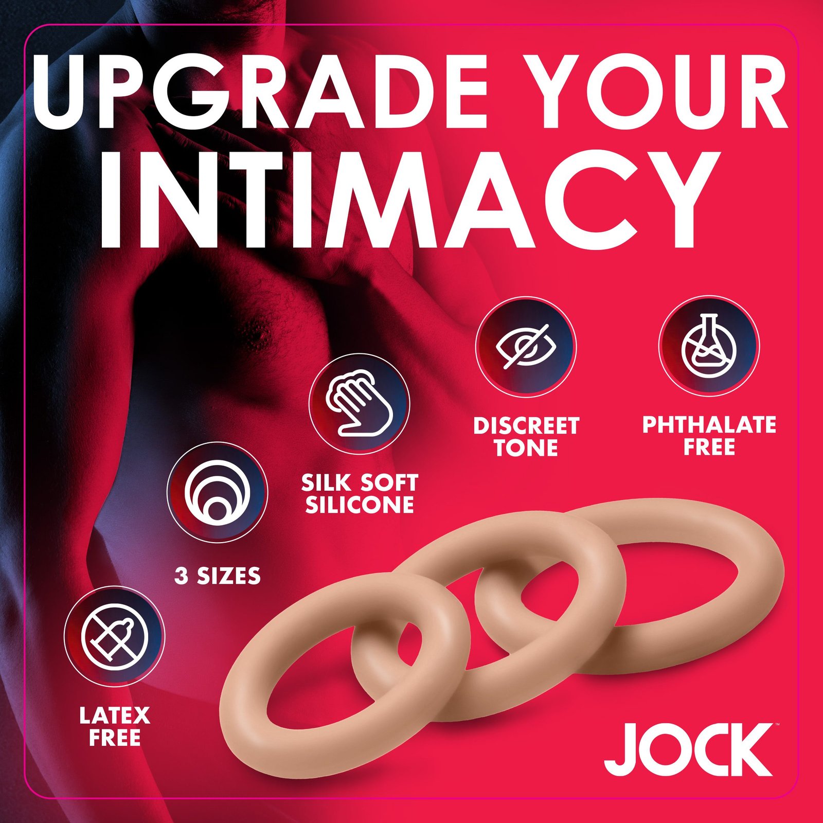 Promotional image for JOCK intimacy products featuring silicone rings