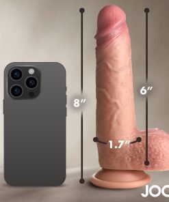 A smartphone next to a realistic silicone model, showcasing size comparison.