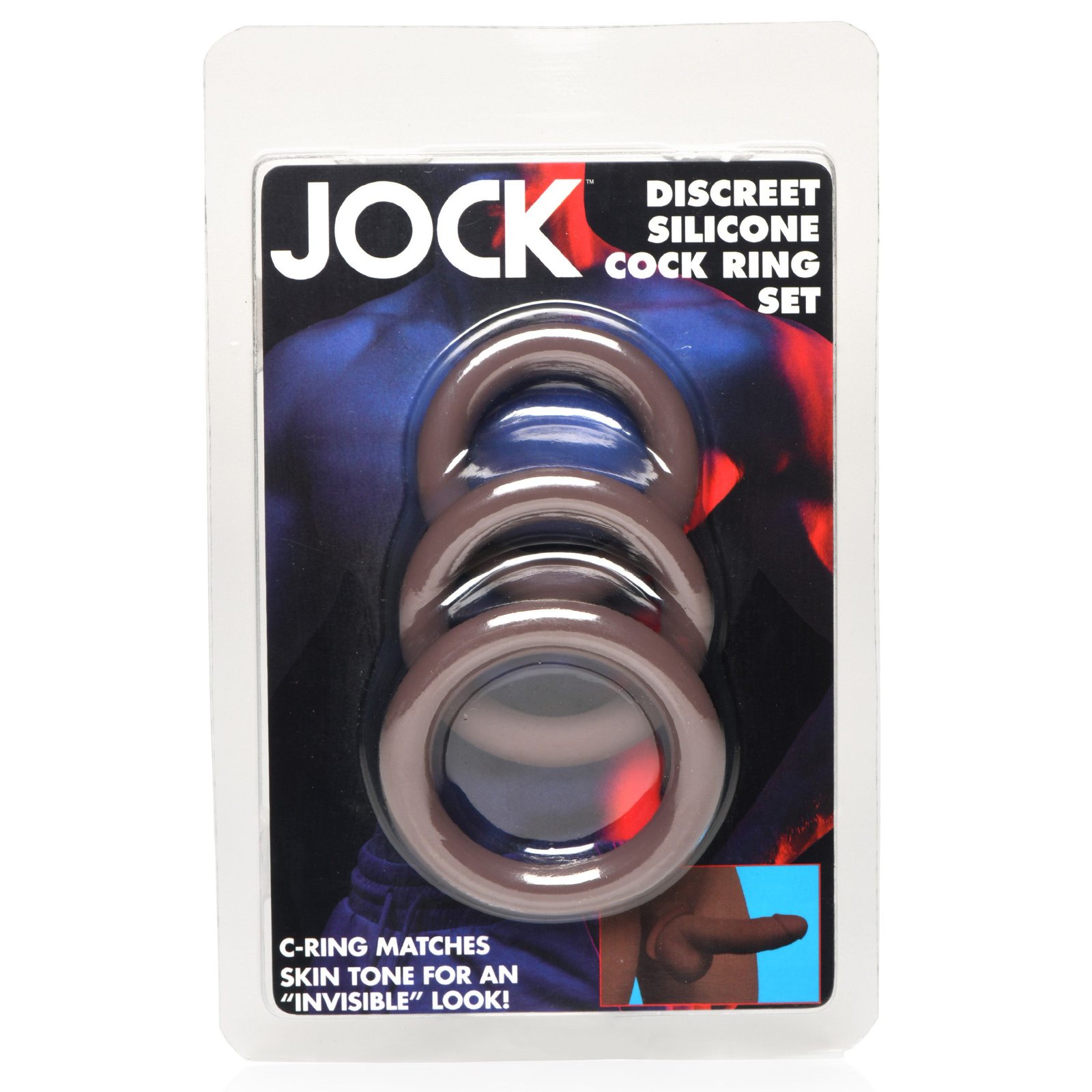 Set of three discreet silicone cock rings in packaging