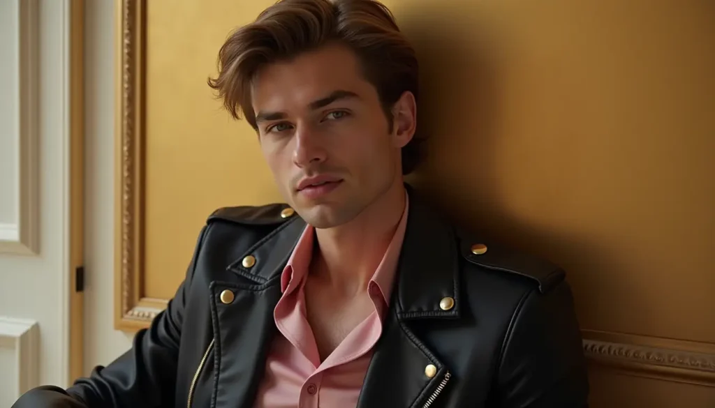 Young man in leather jacket with pink shirt against a golden wall