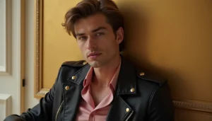 Young man in leather jacket with pink shirt against a golden wall