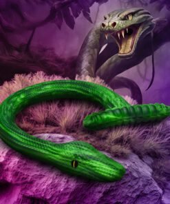 A vibrant green snake coiled on a rocky surface with a menacing serpent in the background.