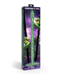 Green silicone dildo featuring snake designs